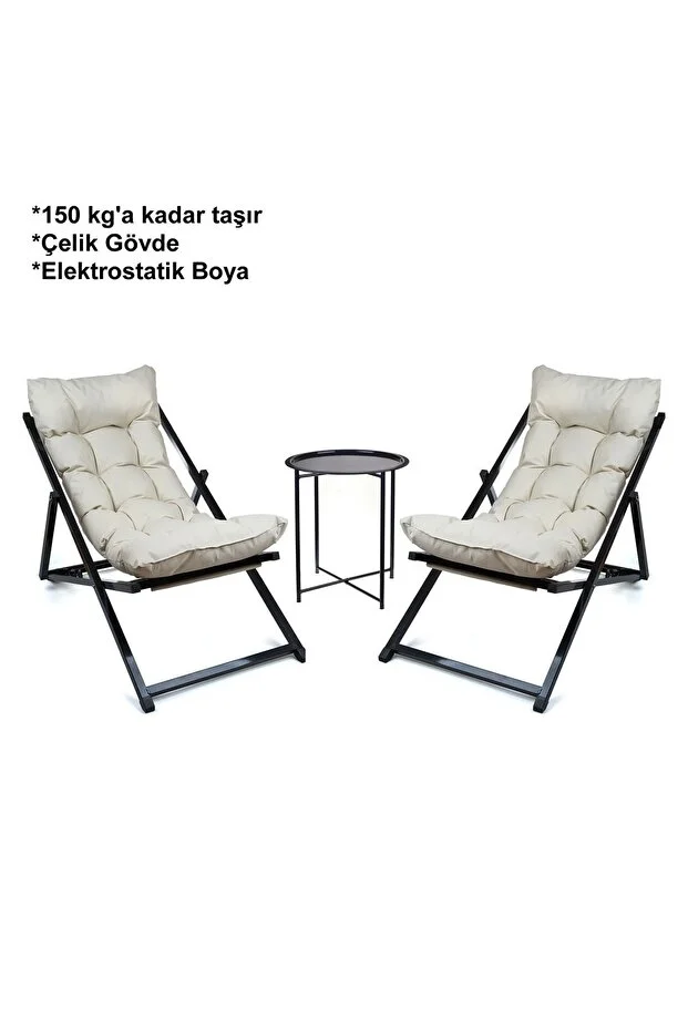 Minderli - Zetas Şezlong Seti Bahçe&balkon&teras&plaj Katlanır Ikili Set - 2 Şezlong 1 Sehpa